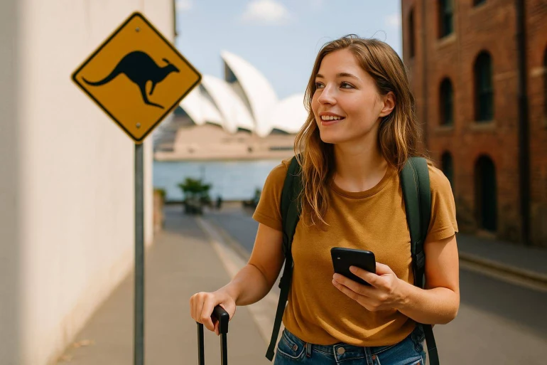 Femme voyageuse près panneau kangourou Sydney
