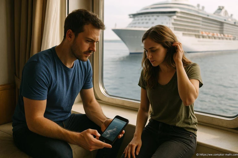 Couple regardant un téléphone sur un bateau