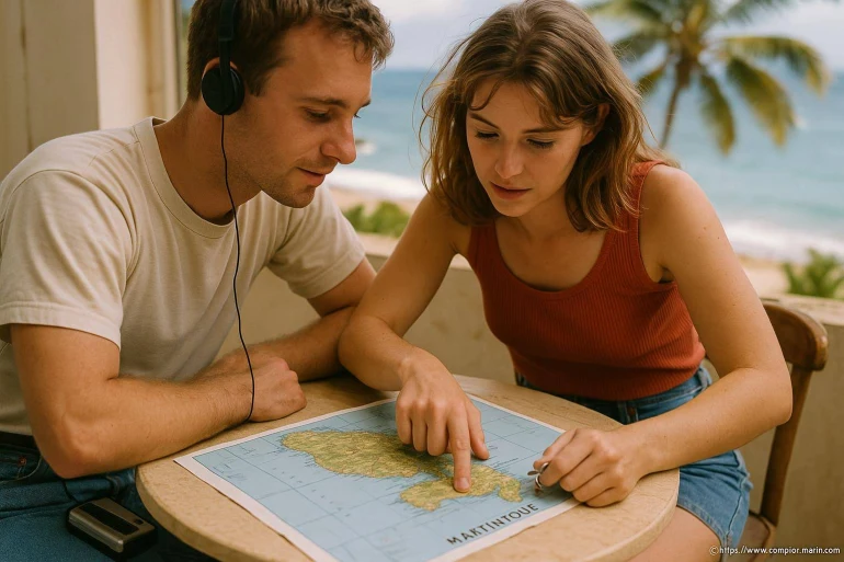 Couple étudiant planifiant voyage avec carte