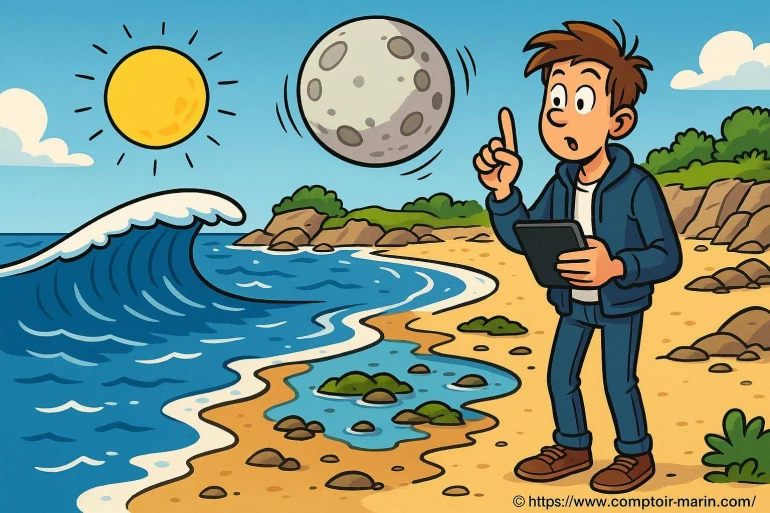 Illustration homme étudiant marée lune soleil