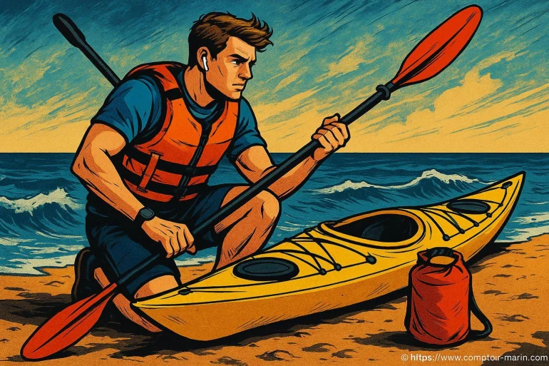 Homme préparant kayak sur plage