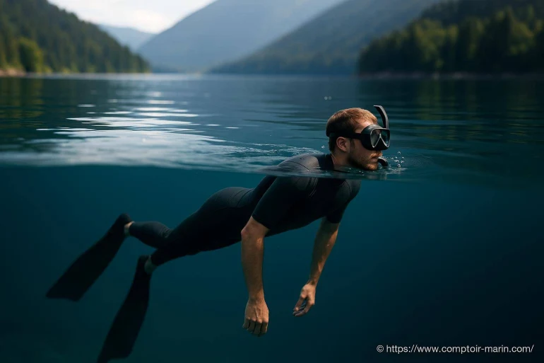 Homme en combinaison de plongée en lac