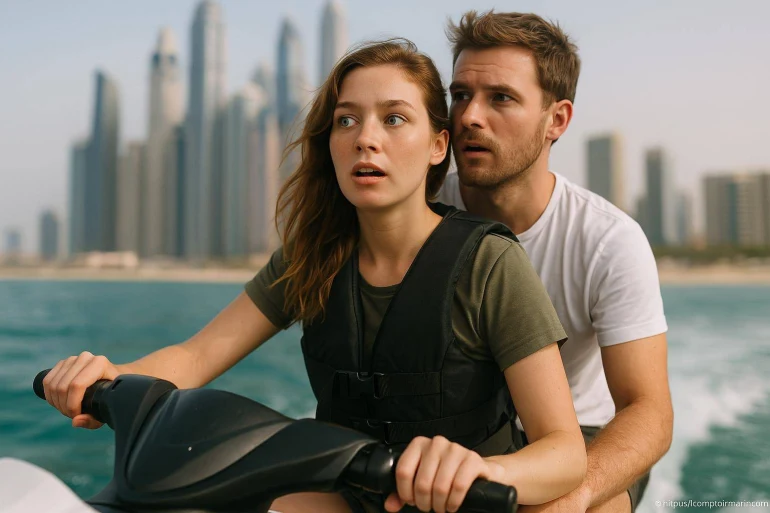 Couple surpris en jet ski en ville