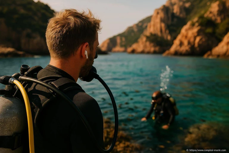 Plongeur prêt à plonger en mer