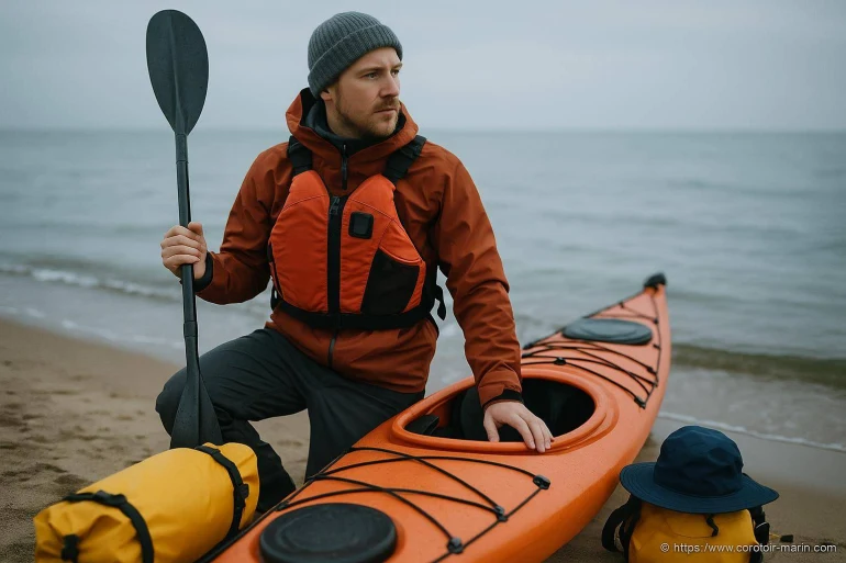 Homme prêt à pagayer en kayak orange
