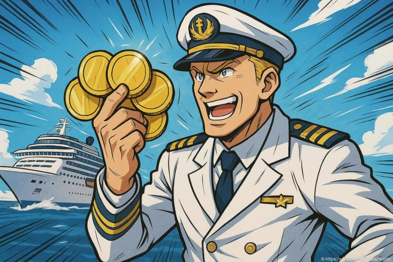 Capitaine de navire tenant des pièces dorées