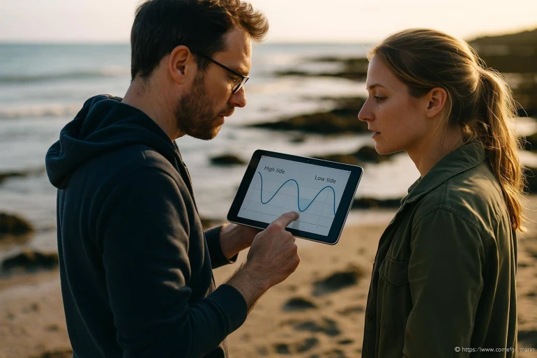 Analyse des marées sur tablette en bord de mer