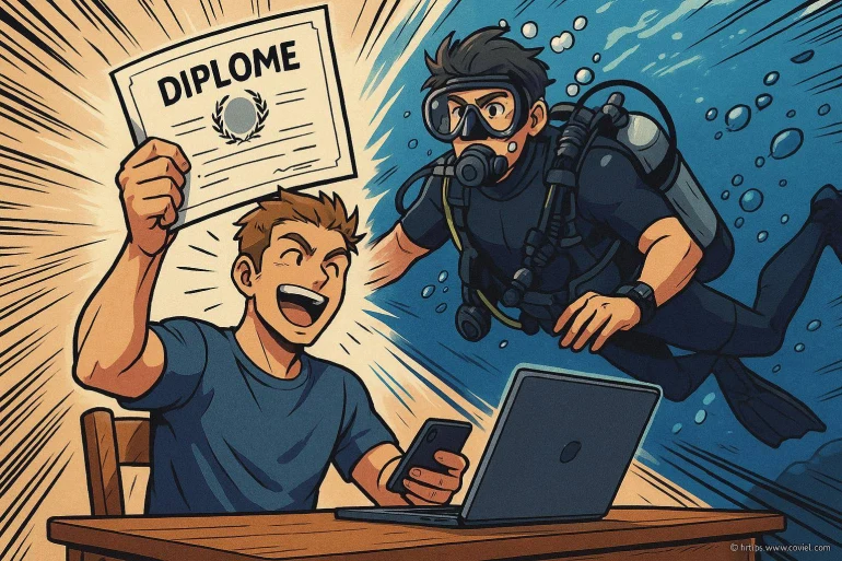 Homme heureux avec diplôme et plongeur