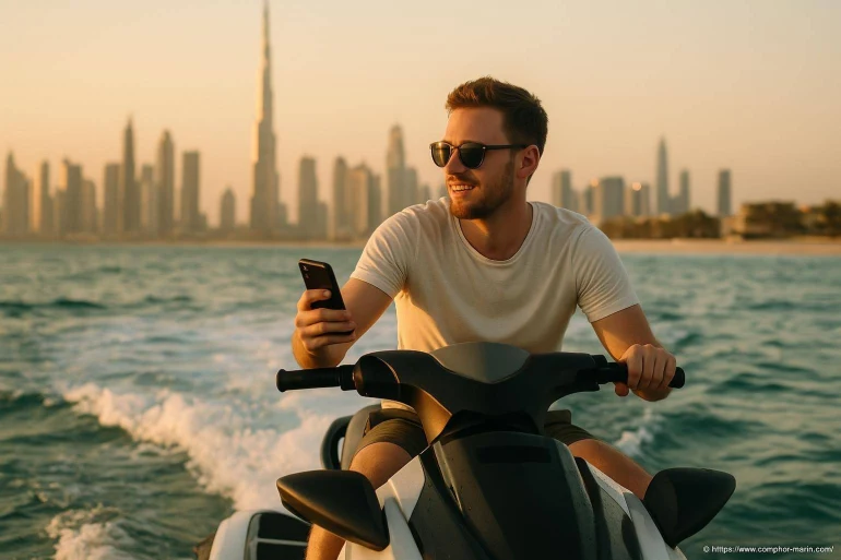 Homme sur jet ski avec skyline urbaine