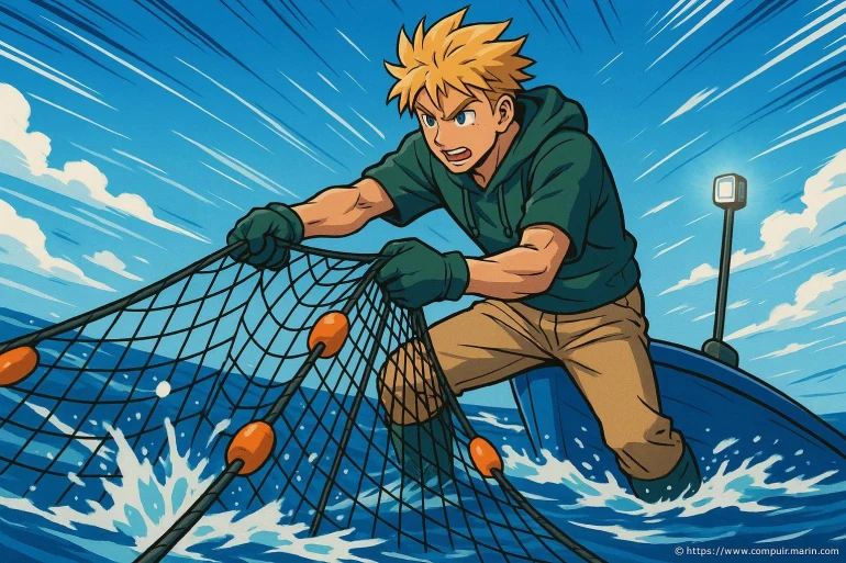Jeune pêcheur anime tirant un filet
