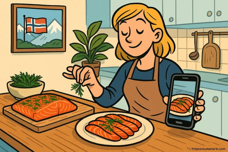 Femme préparant saumon norvégien en cuisine