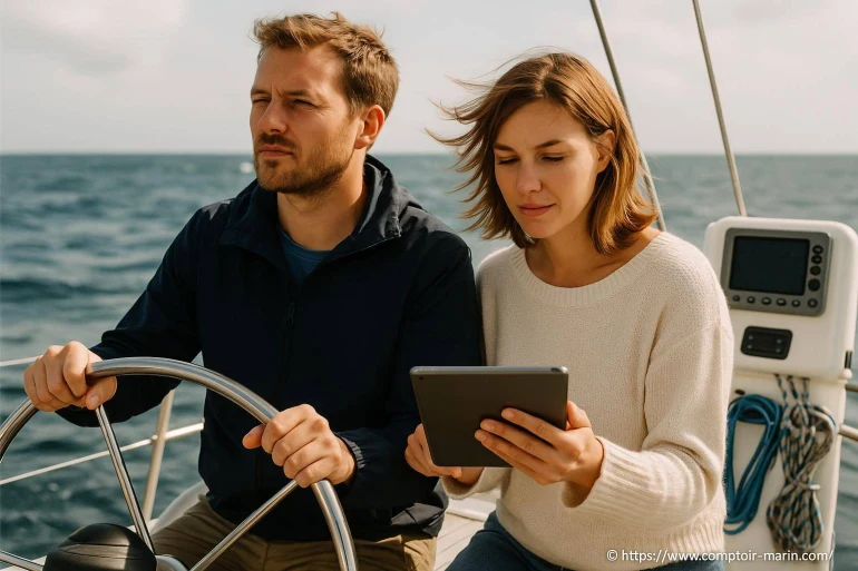 Couple naviguant sur un voilier avec tablette