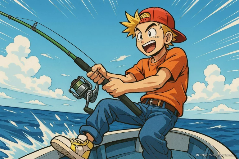 Jeune garçon pêche en mer animé