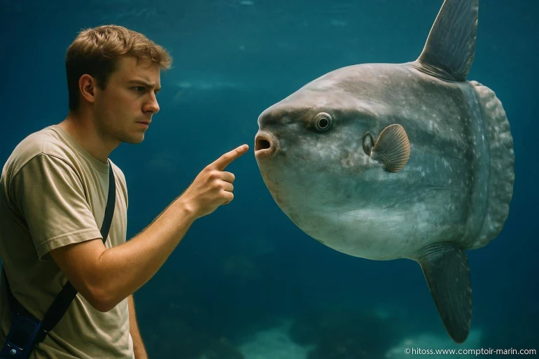 Homme touchant un poisson lune géant