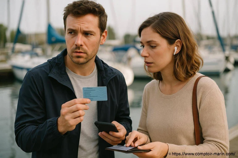 Couple vérifiant documents au port de plaisance