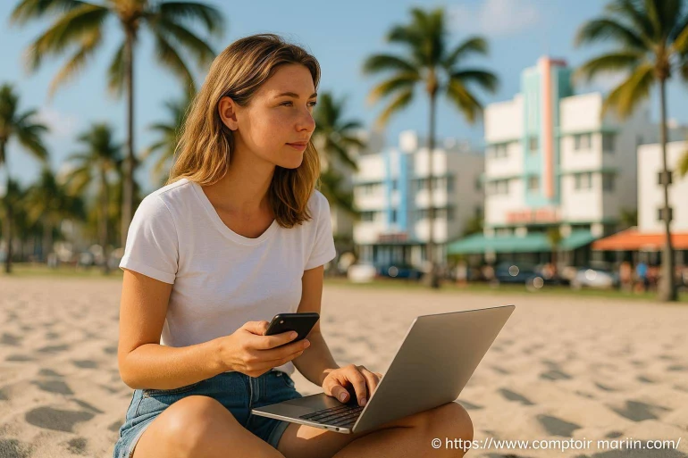Femme travaillant sur ordinateur plage