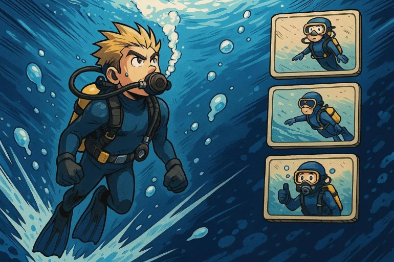 Plongeur animé en combinaison sous marine