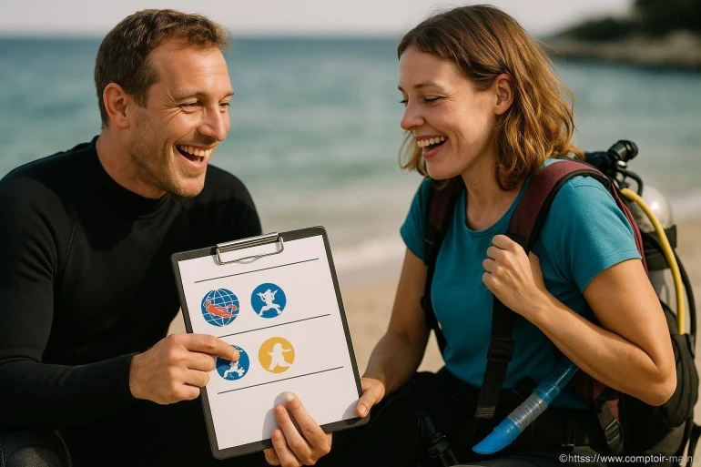 Instructeur de plongée avec élève sur la plage