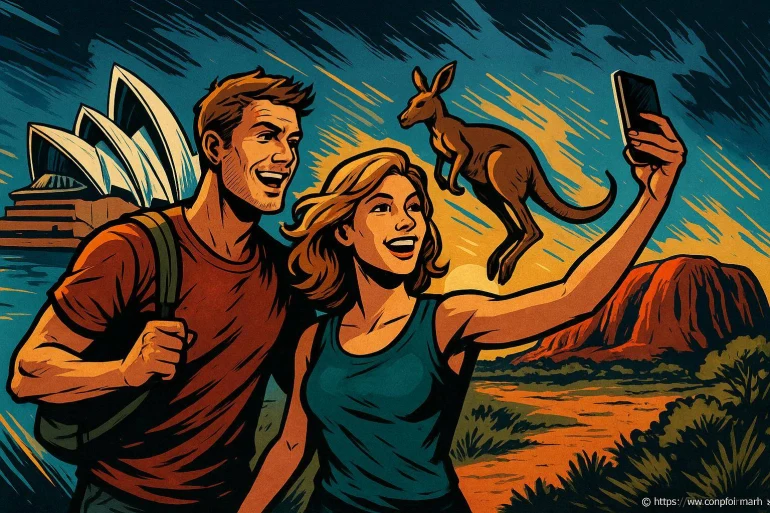 Couple prenant un selfie avec un kangourou en Australie