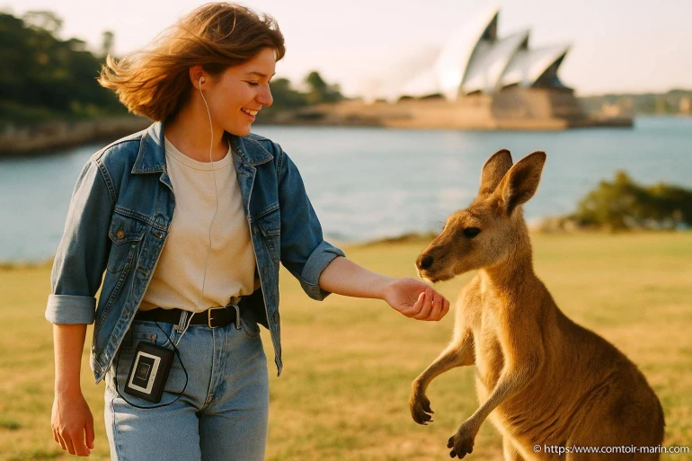 Femme nourrissant un kangourou à Sydney
