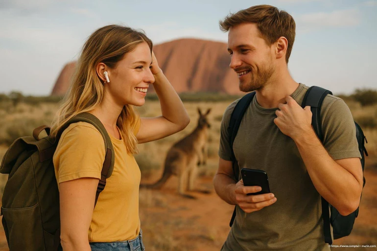 Couple souriant en randonnée avec kangourou