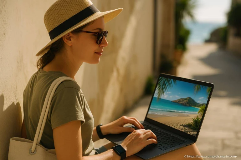 Femme avec chapeau travaillant sur ordinateur portable