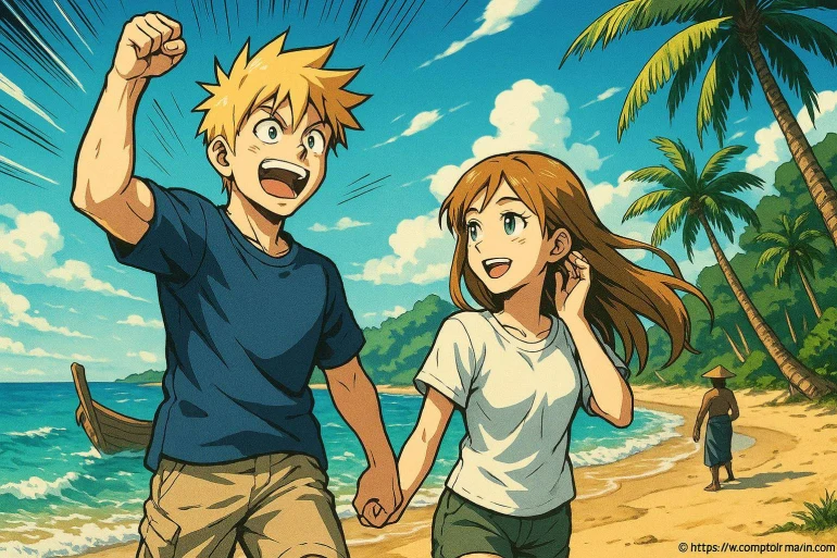 Jeune couple anime marche plage tropicale