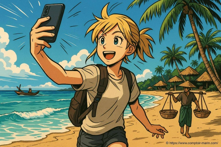 Jeune femme prenant un selfie sur plage tropicale