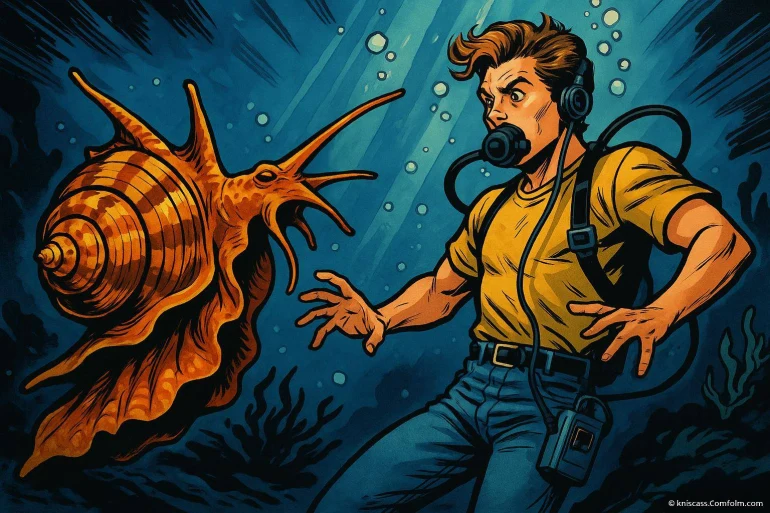 Plongeur surpris par un gros escargot marin