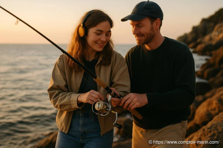 Couple pêchant au bord de la mer