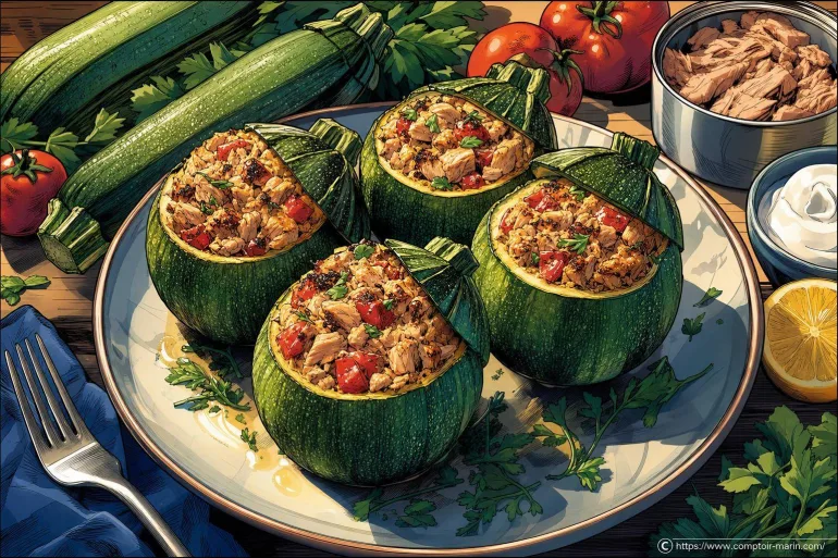 Courgettes rondes farcies au poulet et légumes