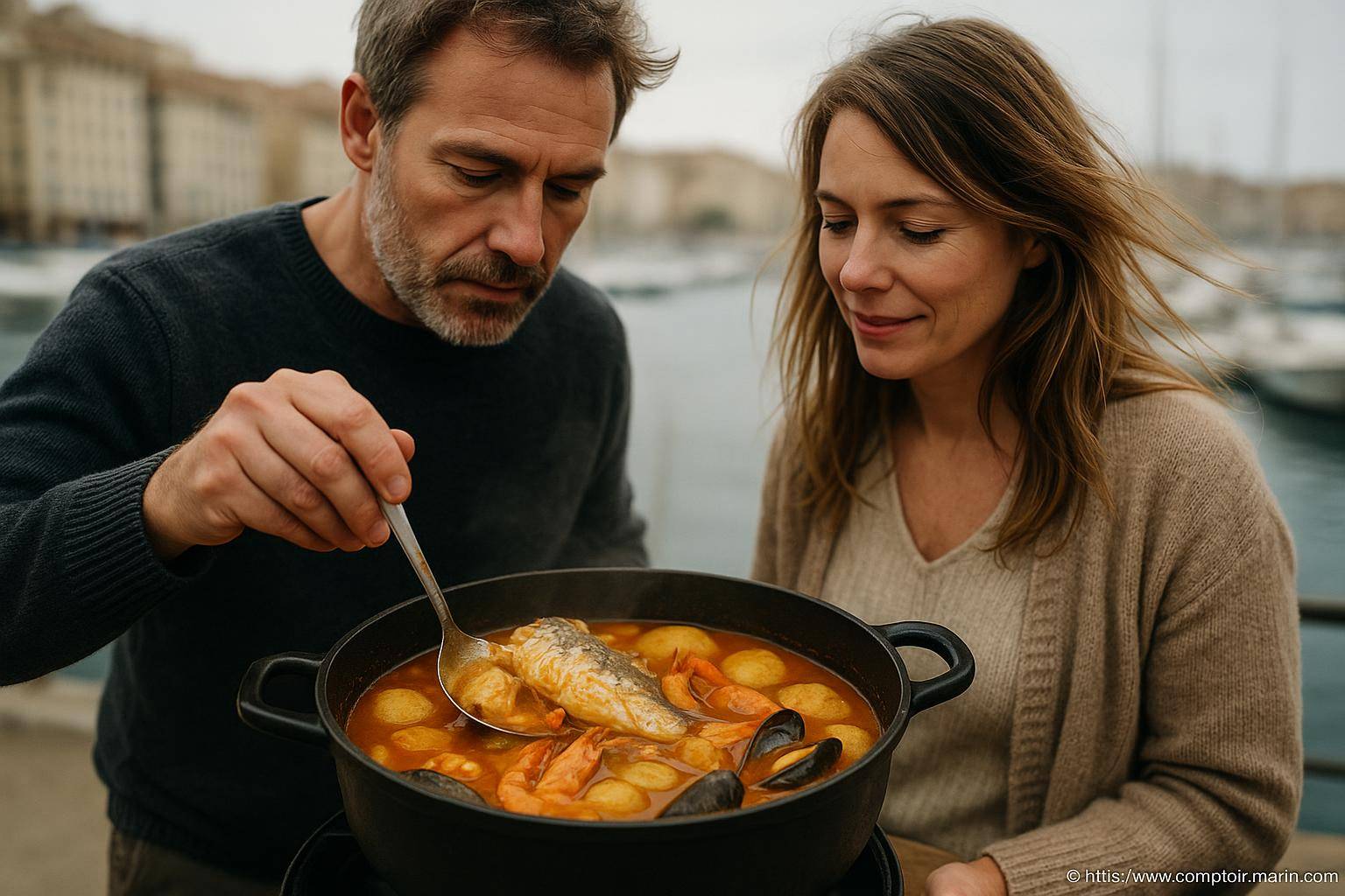 Couple dégustant une bouillabaisse en plein air