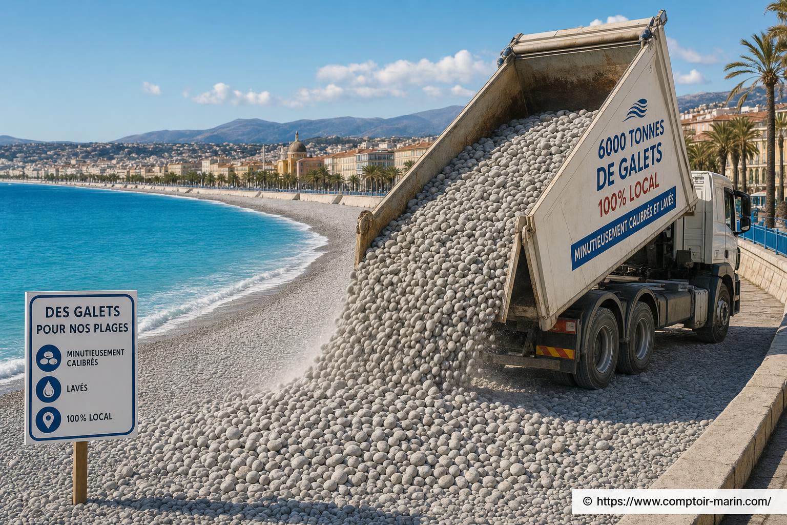 6000 tonnes de galets 100 % locaux déversés sur les plages de Nice pour lutter contre l’érosion